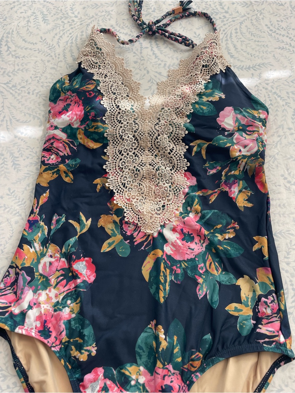 Blue Floral One-Piece Swimsuit with Lace Trim and halter top - Picture 4 of 6
